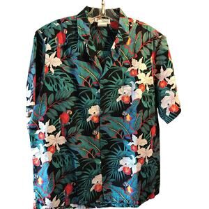 Malihini Vintage Men’s L Parrot Black Green Red White Floral Bird Hawaiian Shirt